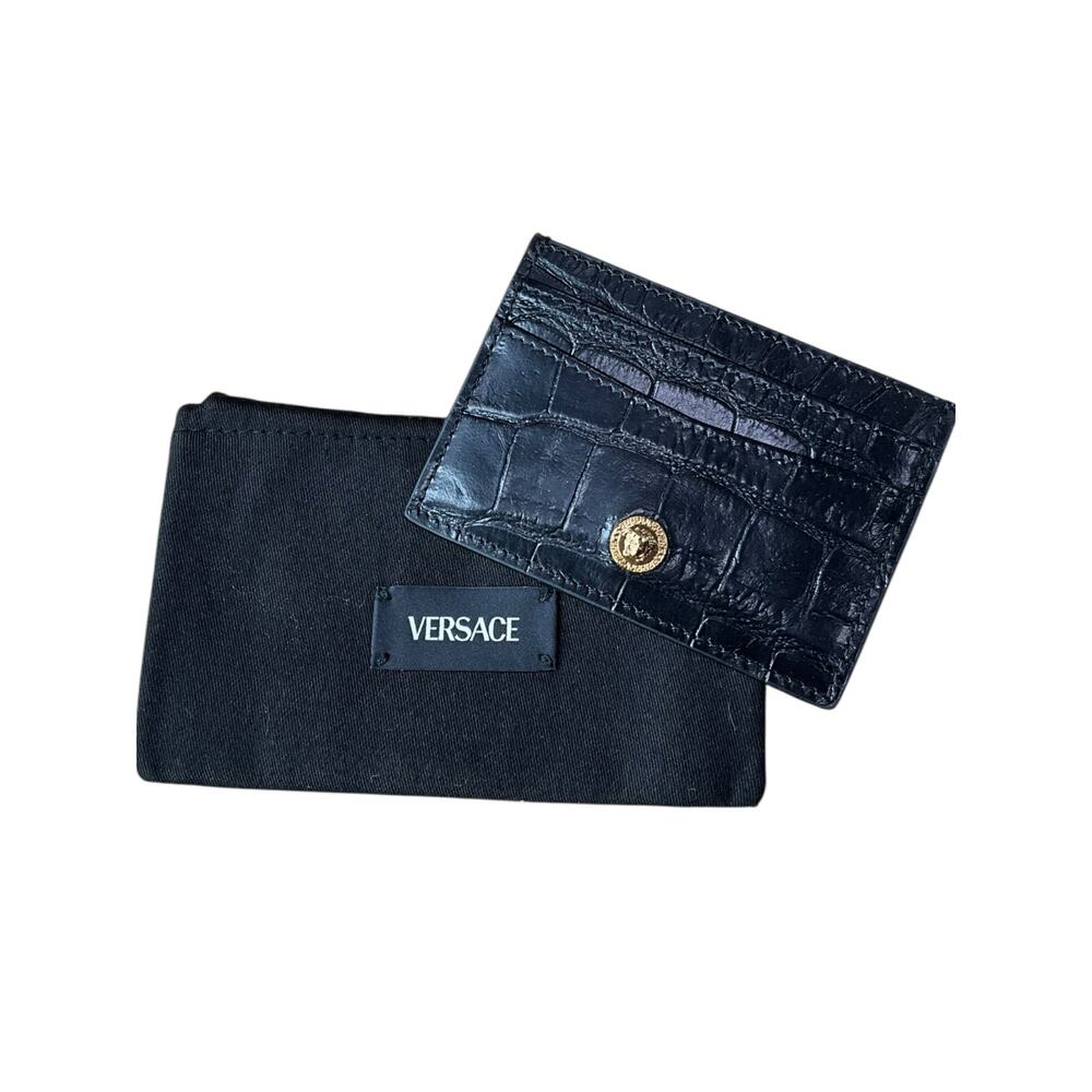 927. Versace Black Crocodile Calf Leather Cardholder